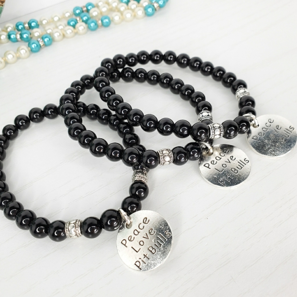 Men's Black Jasper Peace Love & Pitbull Bracelet